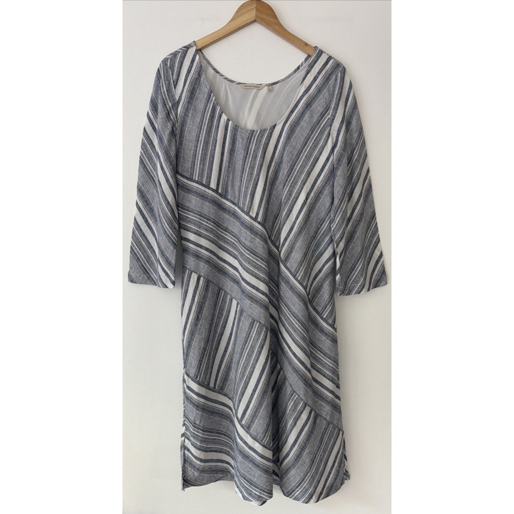 Soft Surroundings Striped Lined Midi A Line Dress Womens XL Linen Blend Blue